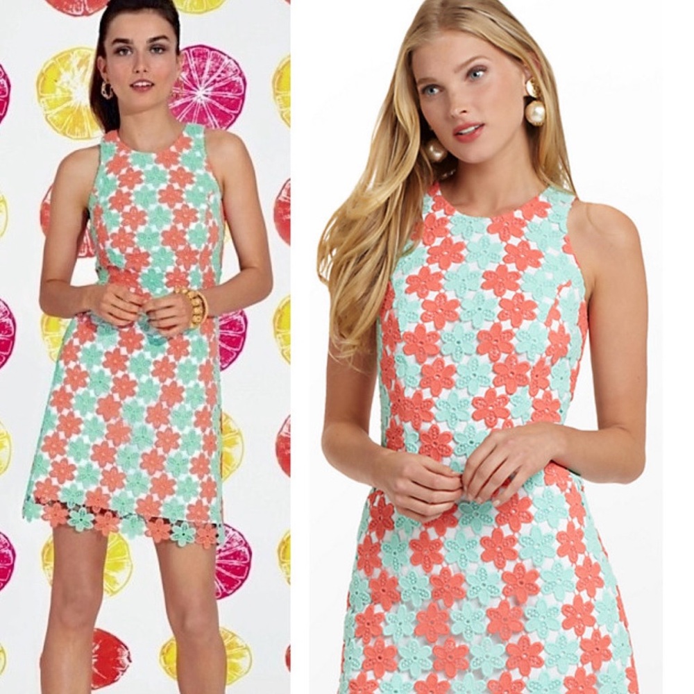 Lilly Pulitzer Coral and Aqua Floral Lace Shift Dress